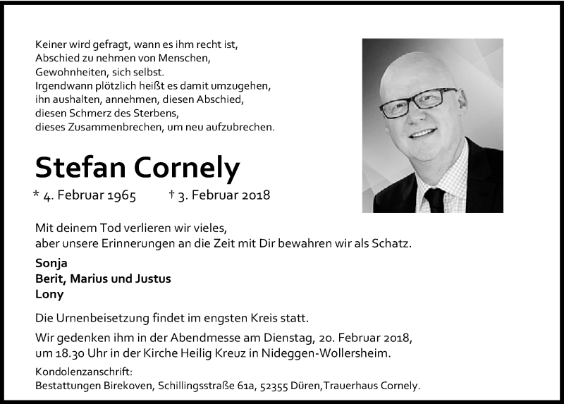  Traueranzeige für Stefan Cornely vom 10.02.2018 aus  Blickpunkt Euskirchen 