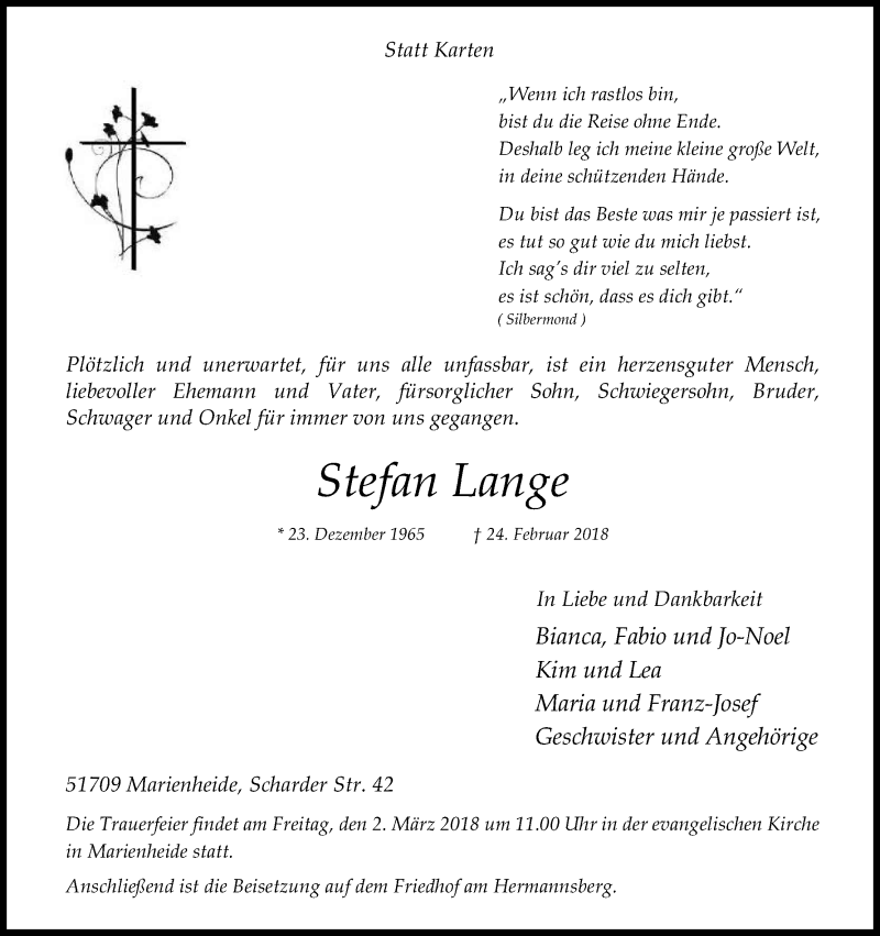  Traueranzeige für Stefan Lange vom 28.02.2018 aus Kölner Stadt-Anzeiger / Kölnische Rundschau / Express