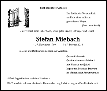 Anzeige von Stefan Miebach von Kölner Stadt-Anzeiger / Kölnische Rundschau / Express