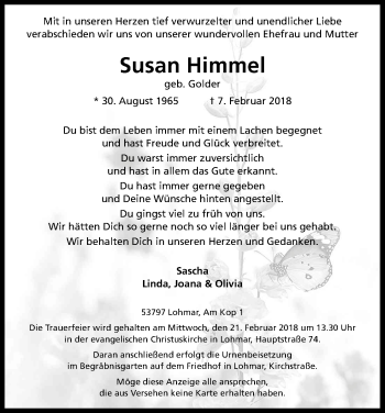 Anzeige von Susan Himmel von Kölner Stadt-Anzeiger / Kölnische Rundschau / Express