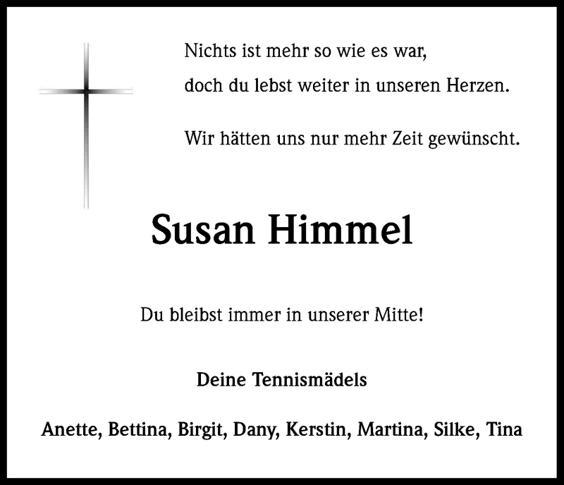  Traueranzeige für Susan Himmel vom 17.02.2018 aus Kölner Stadt-Anzeiger / Kölnische Rundschau / Express