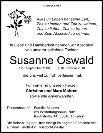 Anzeige von Susanne Oswald von Kölner Stadt-Anzeiger / Kölnische Rundschau / Express