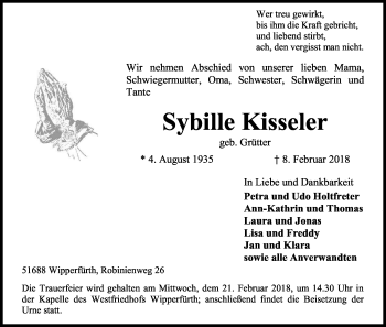 Anzeige von Sybille Kisseler von Kölner Stadt-Anzeiger / Kölnische Rundschau / Express