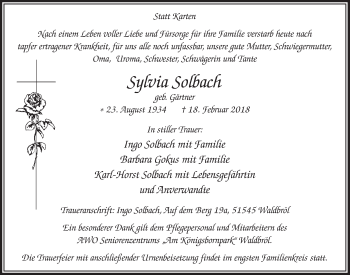 Anzeige von Sylvia Solbach von  Lokalanzeiger 