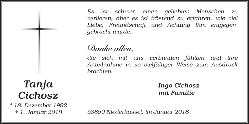  Traueranzeige für Tanja Cichosz vom 31.01.2018 aus  Extra Blatt 
