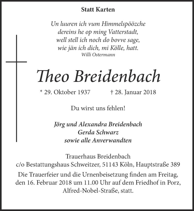  Traueranzeige für Theo Breidenbach vom 07.02.2018 aus  Kölner Wochenspiegel 