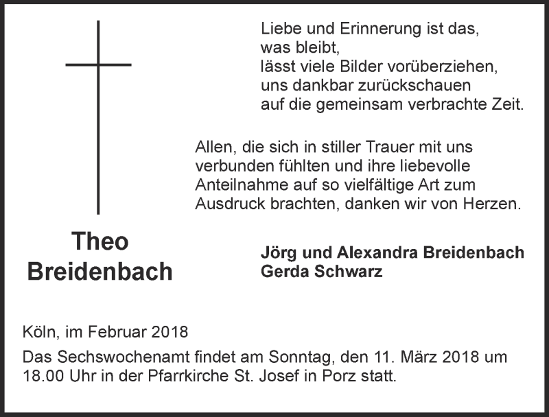  Traueranzeige für Theo Breidenbach vom 28.02.2018 aus  Kölner Wochenspiegel 
