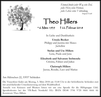 Anzeige von Theo Hillers von Kölner Stadt-Anzeiger / Kölnische Rundschau / Express