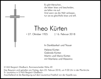 Anzeige von Theo Kürten von Kölner Stadt-Anzeiger / Kölnische Rundschau / Express