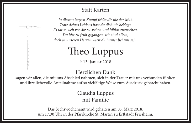  Traueranzeige für Theo Luppus vom 24.02.2018 aus  Blickpunkt Euskirchen  Sonntags-Post 
