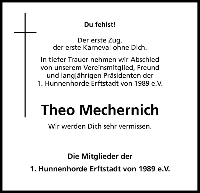  Traueranzeige für Theo Mechernich vom 17.02.2018 aus Kölner Stadt-Anzeiger / Kölnische Rundschau / Express