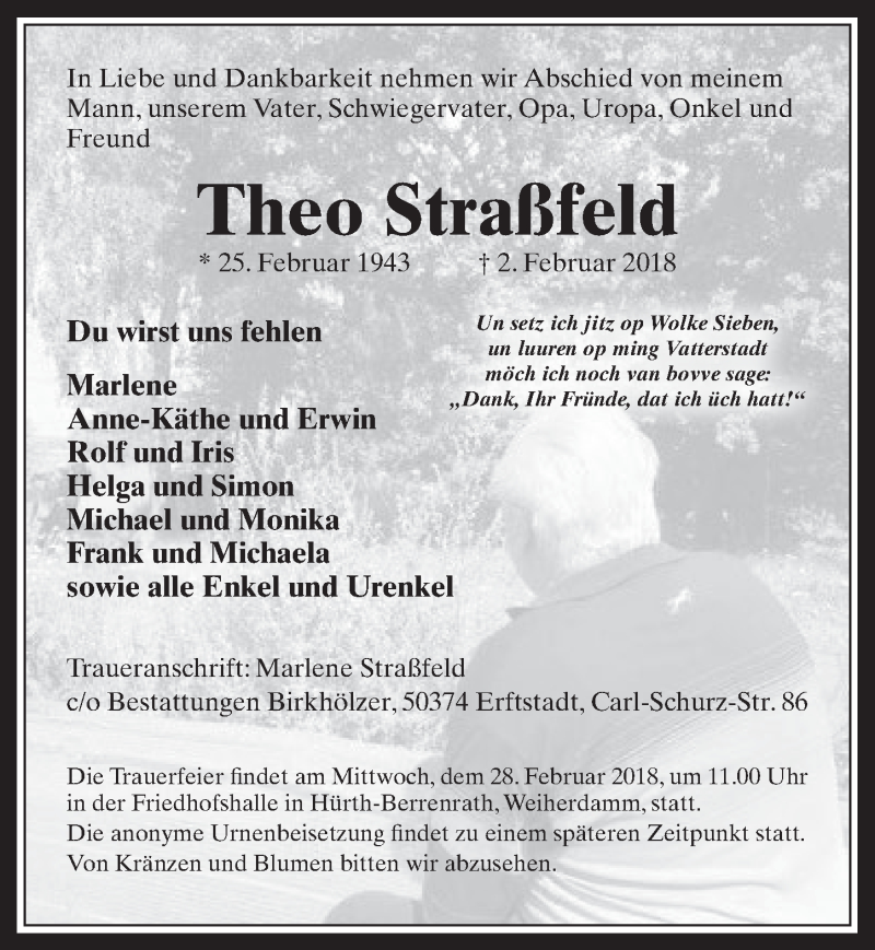  Traueranzeige für Theo Straßfeld vom 21.02.2018 aus  Wochenende  Werbepost 