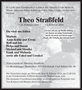 Anzeige von Theo Straßfeld von  Wochenende  Werbepost 