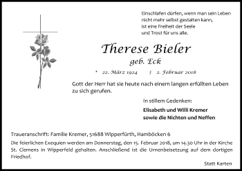 Anzeige von Therese Bieler von Kölner Stadt-Anzeiger / Kölnische Rundschau / Express