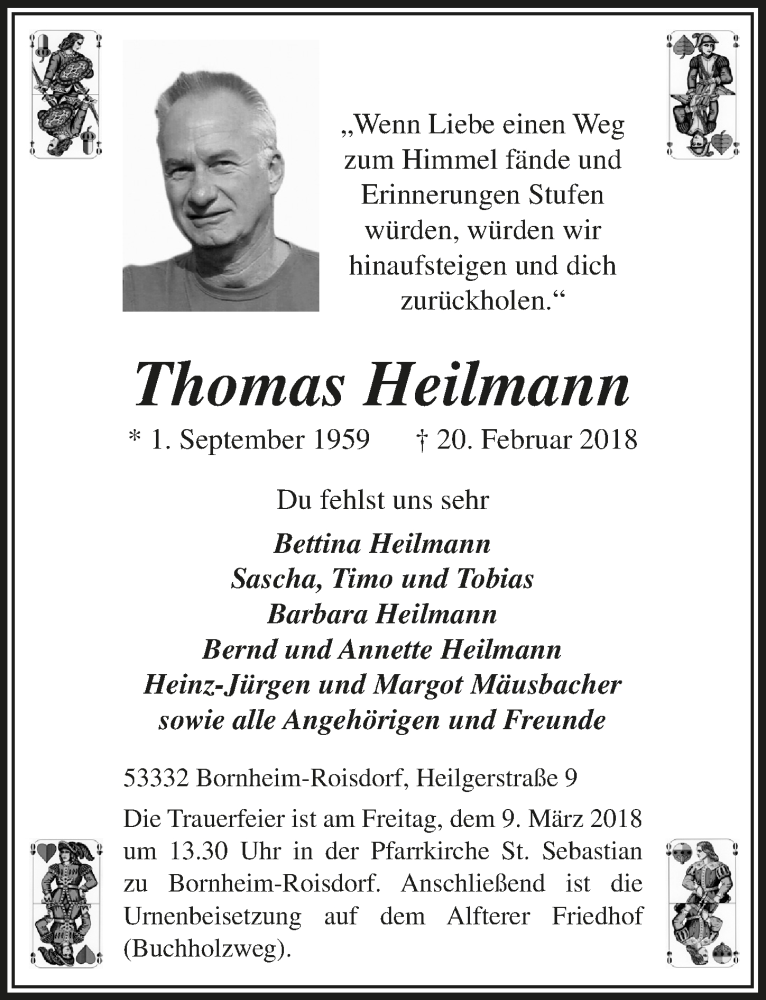  Traueranzeige für Thomas Heilmann vom 28.02.2018 aus  Schaufenster/Blickpunkt 