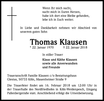 Anzeige von Thomas Klausen von Kölner Stadt-Anzeiger / Kölnische Rundschau / Express