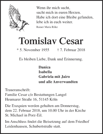 Anzeige von Tomislav Cesar von  Kölner Wochenspiegel 