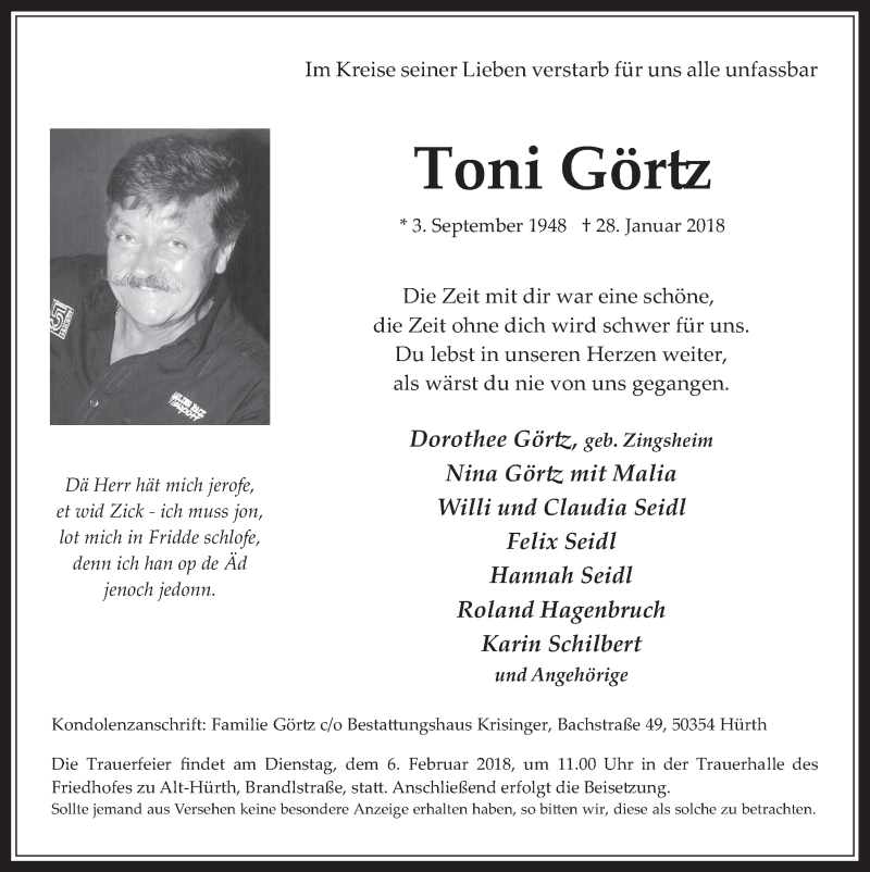  Traueranzeige für Toni Görtz vom 31.01.2018 aus  Wochenende 