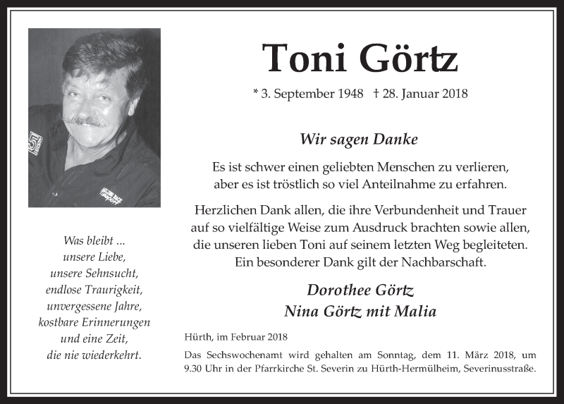  Traueranzeige für Toni Görtz vom 28.02.2018 aus  Wochenende 