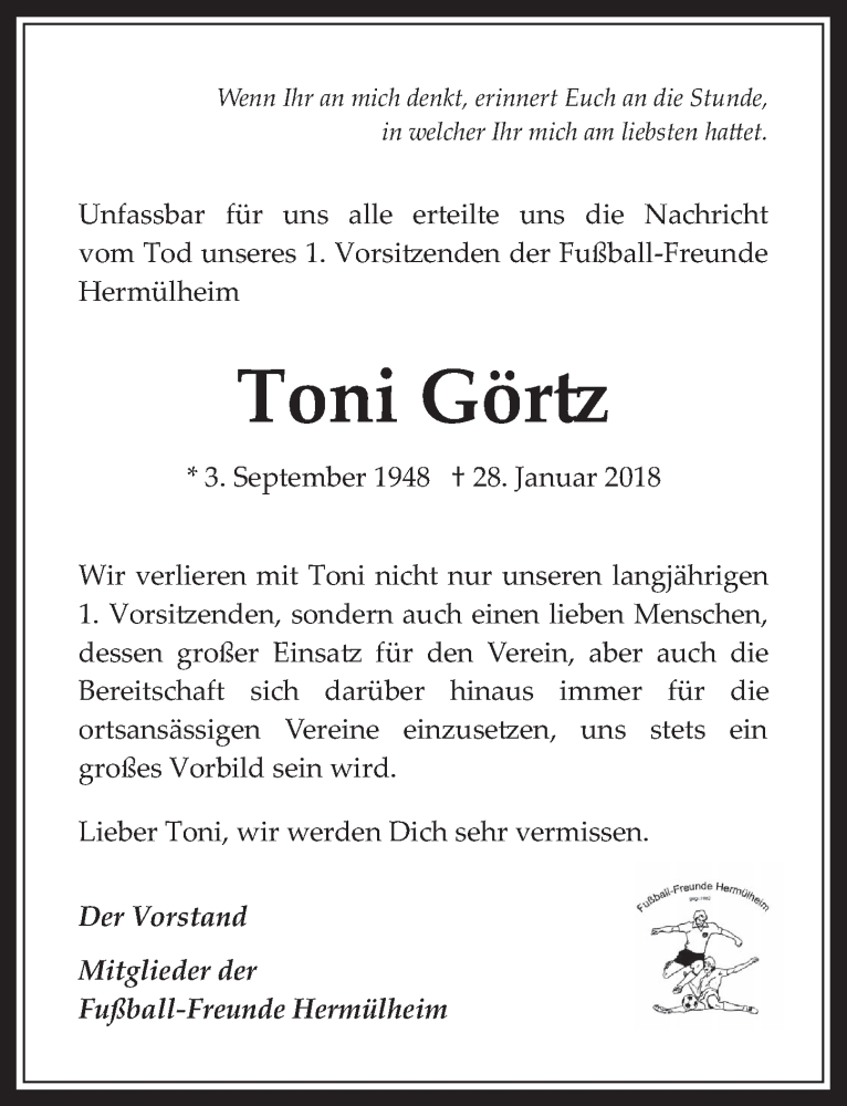  Traueranzeige für Toni Görtz vom 31.01.2018 aus  Wochenende 