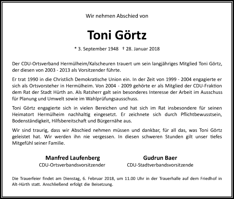  Traueranzeige für Toni Görtz vom 03.02.2018 aus Kölner Stadt-Anzeiger / Kölnische Rundschau / Express