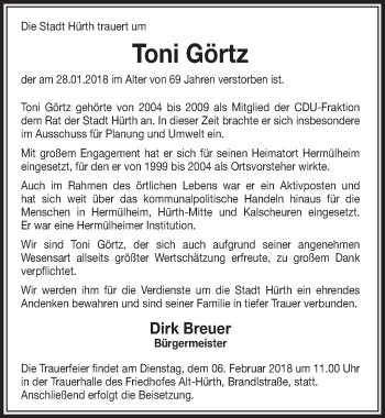 Anzeige von Toni Görtz von  Sonntags-Post 