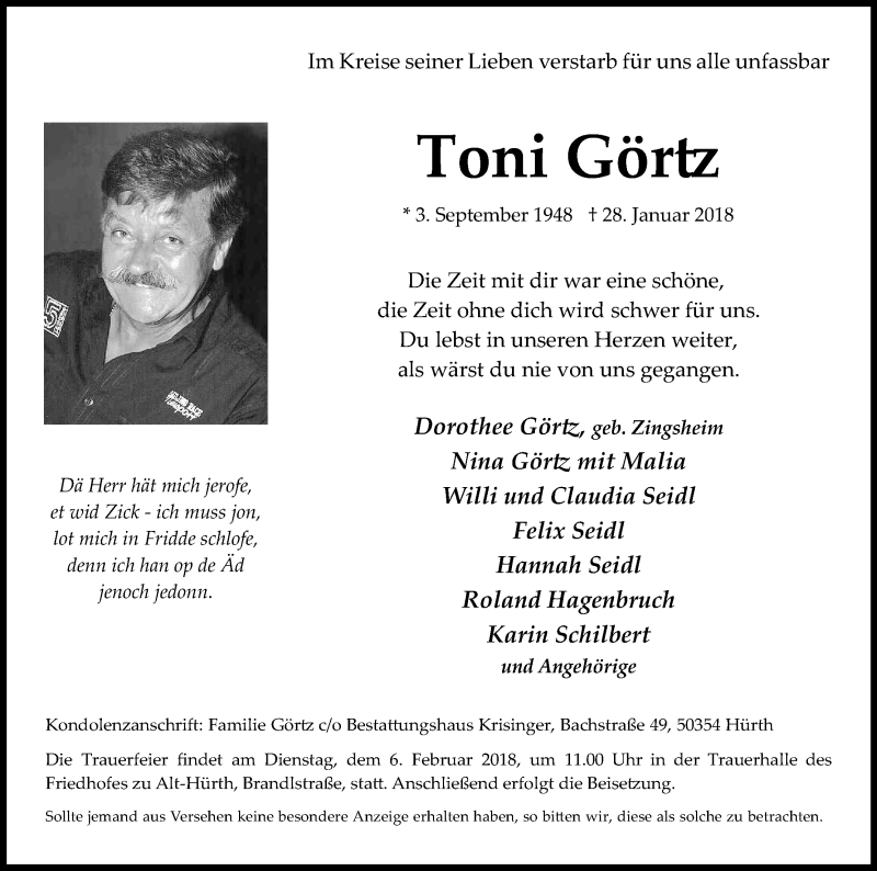  Traueranzeige für Toni Görtz vom 03.02.2018 aus Kölner Stadt-Anzeiger / Kölnische Rundschau / Express