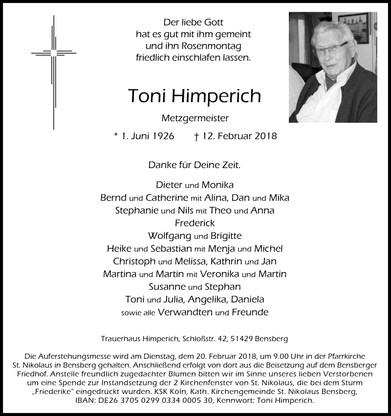  Traueranzeige für Toni Himperich vom 15.02.2018 aus Kölner Stadt-Anzeiger / Kölnische Rundschau / Express