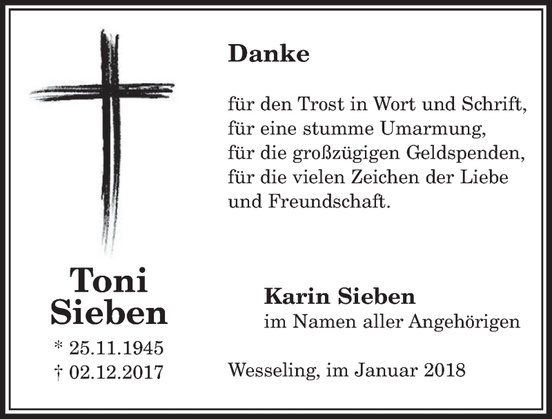  Traueranzeige für Toni Sieben vom 31.01.2018 aus  Schlossbote/Werbekurier 