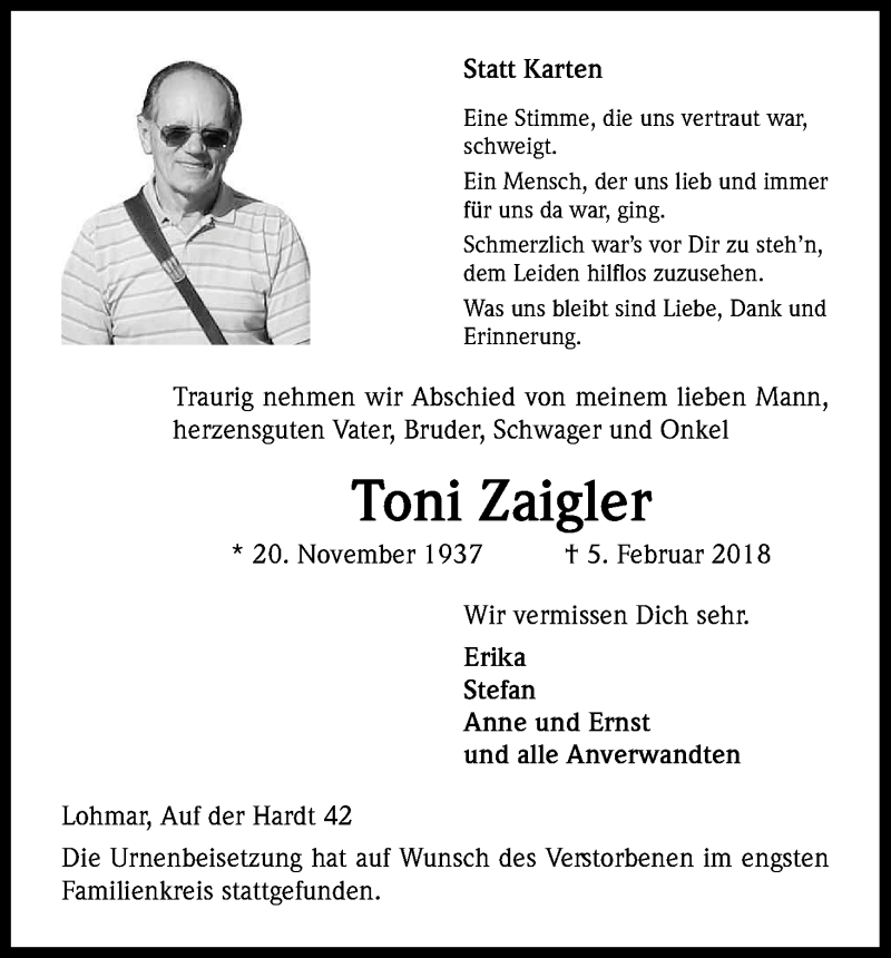  Traueranzeige für Toni Zaigler vom 16.02.2018 aus Kölner Stadt-Anzeiger / Kölnische Rundschau / Express