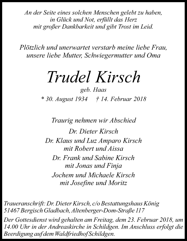  Traueranzeige für Trudel Kirsch vom 17.02.2018 aus Kölner Stadt-Anzeiger / Kölnische Rundschau / Express
