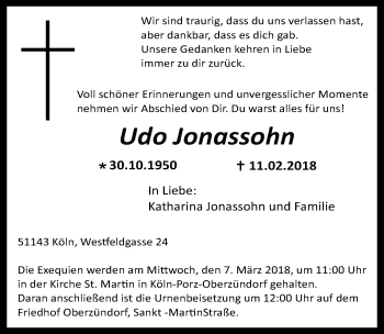 Anzeige von Udo Jonassohn von  Kölner Wochenspiegel 