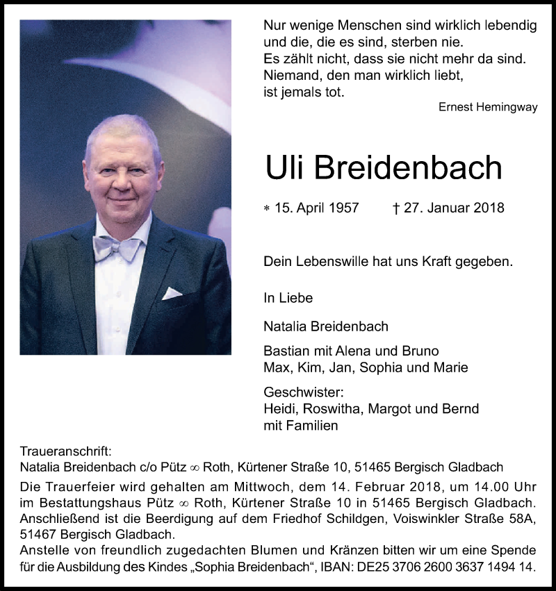  Traueranzeige für Uli Breidenbach vom 07.02.2018 aus Kölner Stadt-Anzeiger / Kölnische Rundschau / Express