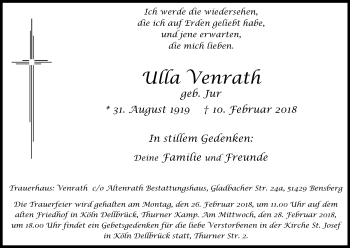 Anzeige von Ulla Venrath von Kölner Stadt-Anzeiger / Kölnische Rundschau / Express