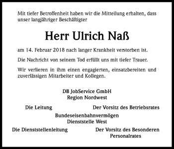 Anzeige von Ulrich Naß von Kölner Stadt-Anzeiger / Kölnische Rundschau / Express