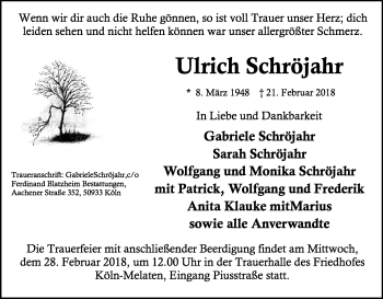 Anzeige von Ulrich Schröjahr von Kölner Stadt-Anzeiger / Kölnische Rundschau / Express