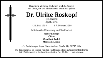 Anzeige von Ulrike Roskopf von Kölner Stadt-Anzeiger / Kölnische Rundschau / Express