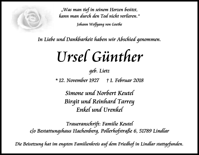  Traueranzeige für Ursel Günther vom 24.02.2018 aus Kölner Stadt-Anzeiger / Kölnische Rundschau / Express