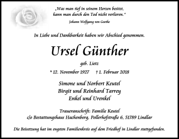 Anzeige von Ursel Günther von Kölner Stadt-Anzeiger / Kölnische Rundschau / Express