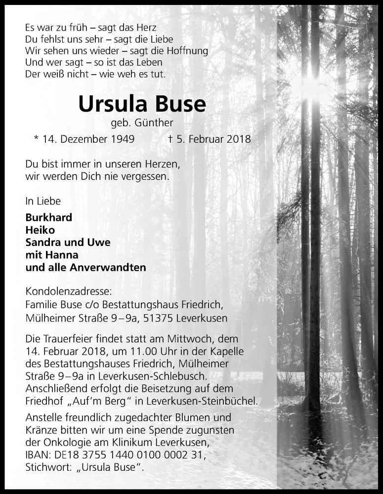  Traueranzeige für Ursula Buse vom 10.02.2018 aus Kölner Stadt-Anzeiger / Kölnische Rundschau / Express