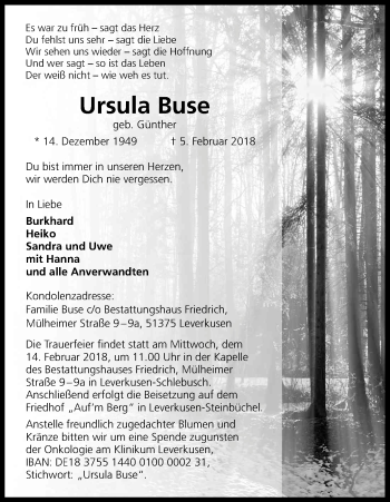 Anzeige von Ursula Buse von Kölner Stadt-Anzeiger / Kölnische Rundschau / Express