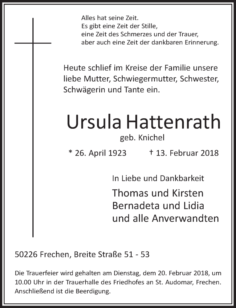  Traueranzeige für Ursula Hattenrath vom 17.02.2018 aus  Sonntags-Post 