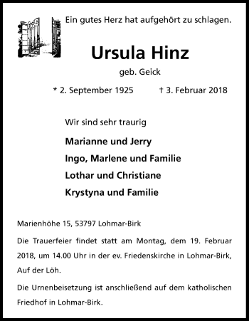 Anzeige von Ursula Hinz von Kölner Stadt-Anzeiger / Kölnische Rundschau / Express
