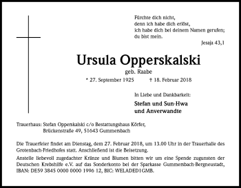 Anzeige von Ursula Opperskalski von Kölner Stadt-Anzeiger / Kölnische Rundschau / Express