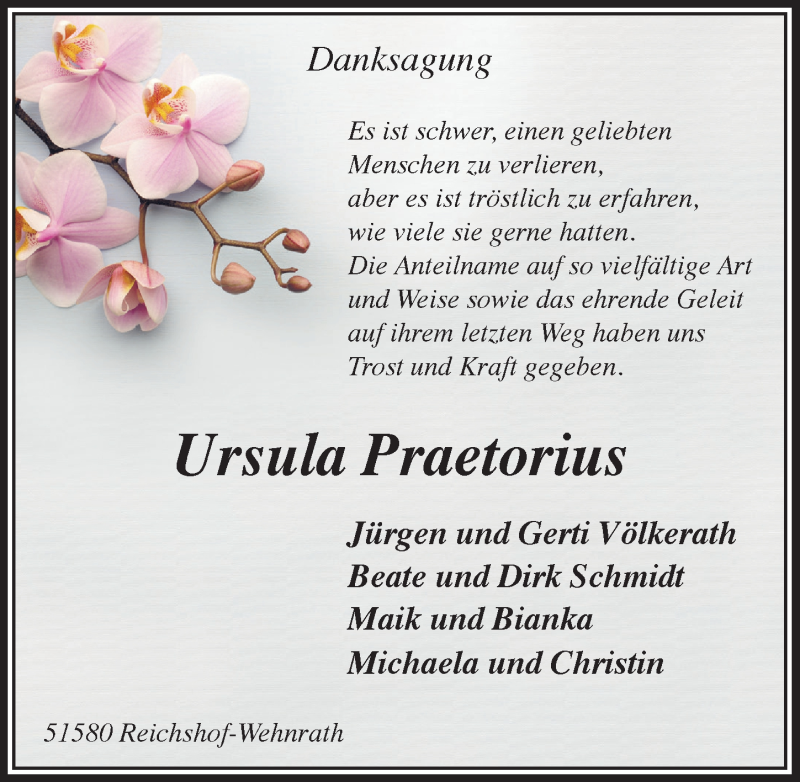 Traueranzeige für Ursula Praetorius vom 28.02.2018 aus  Anzeigen Echo  Lokalanzeiger 