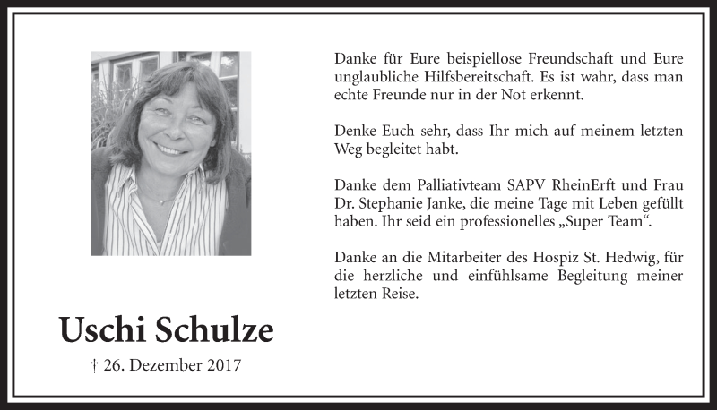  Traueranzeige für Uschi Schulze vom 14.02.2018 aus  Schlossbote/Werbekurier 