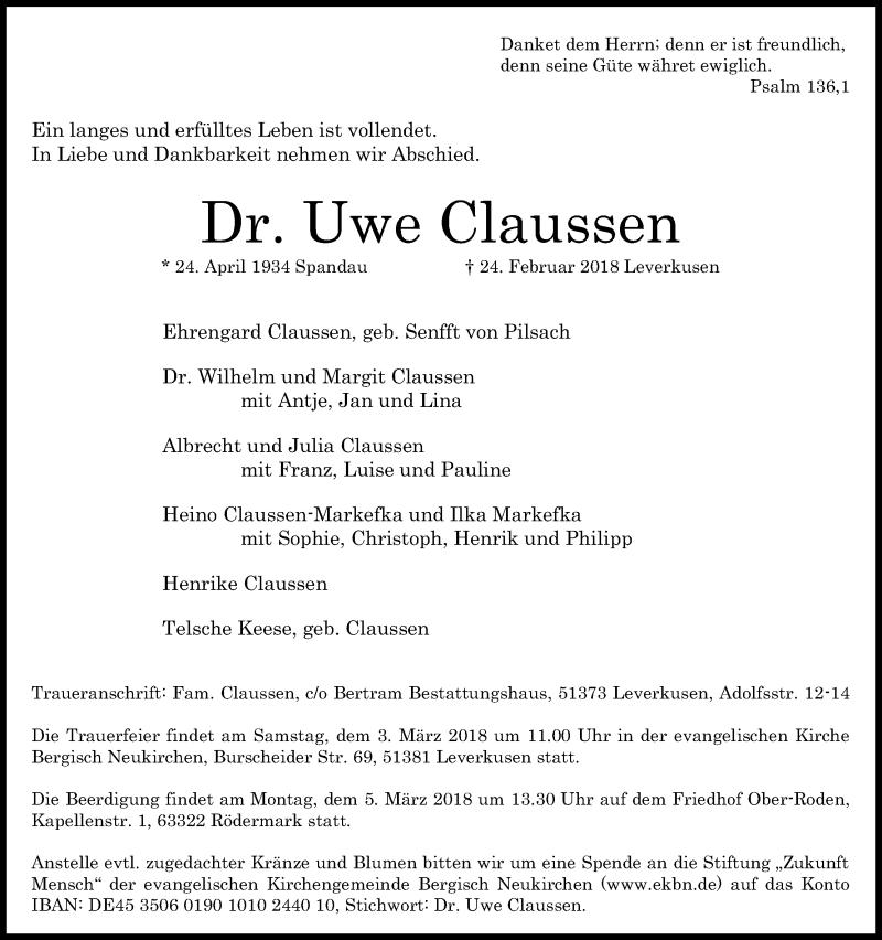  Traueranzeige für Uwe Claussen vom 28.02.2018 aus Kölner Stadt-Anzeiger / Kölnische Rundschau / Express