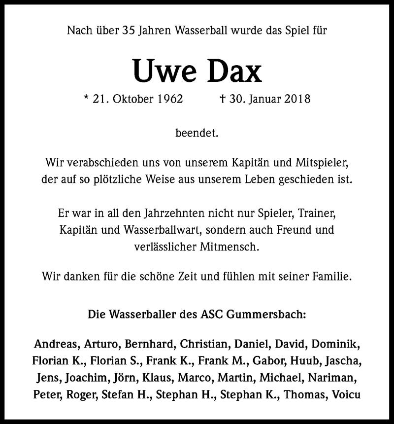  Traueranzeige für Uwe Dax vom 10.02.2018 aus Kölner Stadt-Anzeiger / Kölnische Rundschau / Express