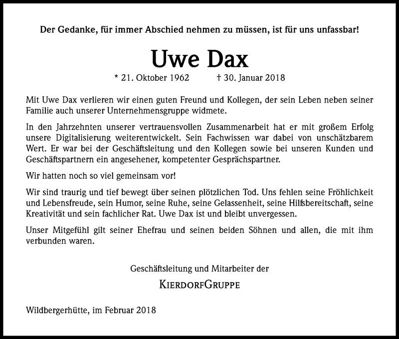  Traueranzeige für Uwe Dax vom 03.02.2018 aus Kölner Stadt-Anzeiger / Kölnische Rundschau / Express