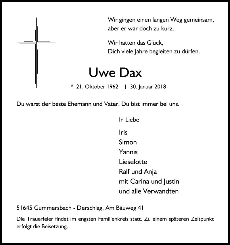  Traueranzeige für Uwe Dax vom 03.02.2018 aus Kölner Stadt-Anzeiger / Kölnische Rundschau / Express